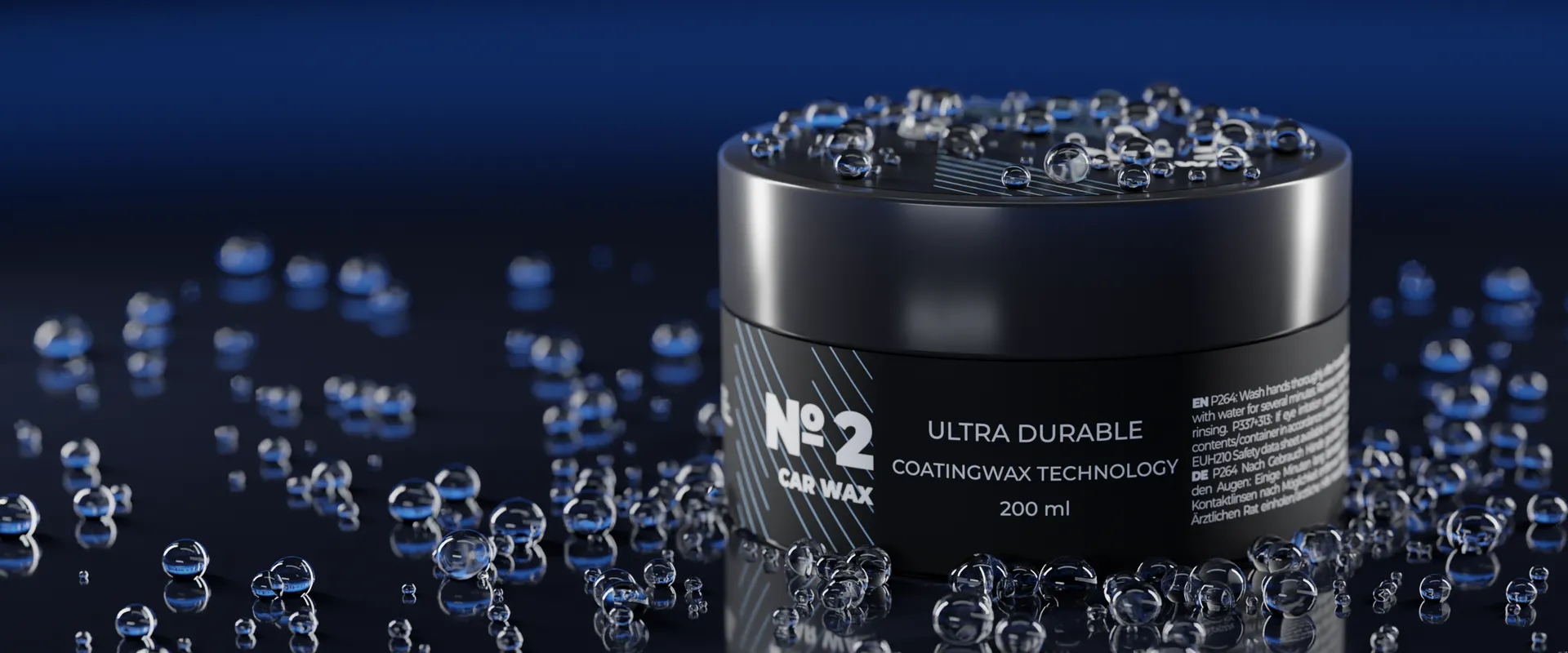 NEOWAX №2 Car Wax im Studio: Etikett mit Wassertropfen auf dem Deckel
